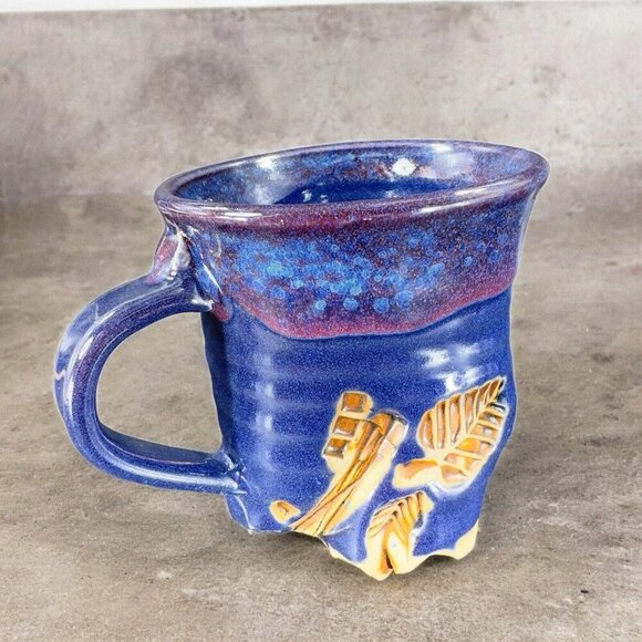 Hand Made Abstract Coffee Mug Cup Cobalt Blue Pottery Mug Artist Signed Bottom - Picture 1 of 16